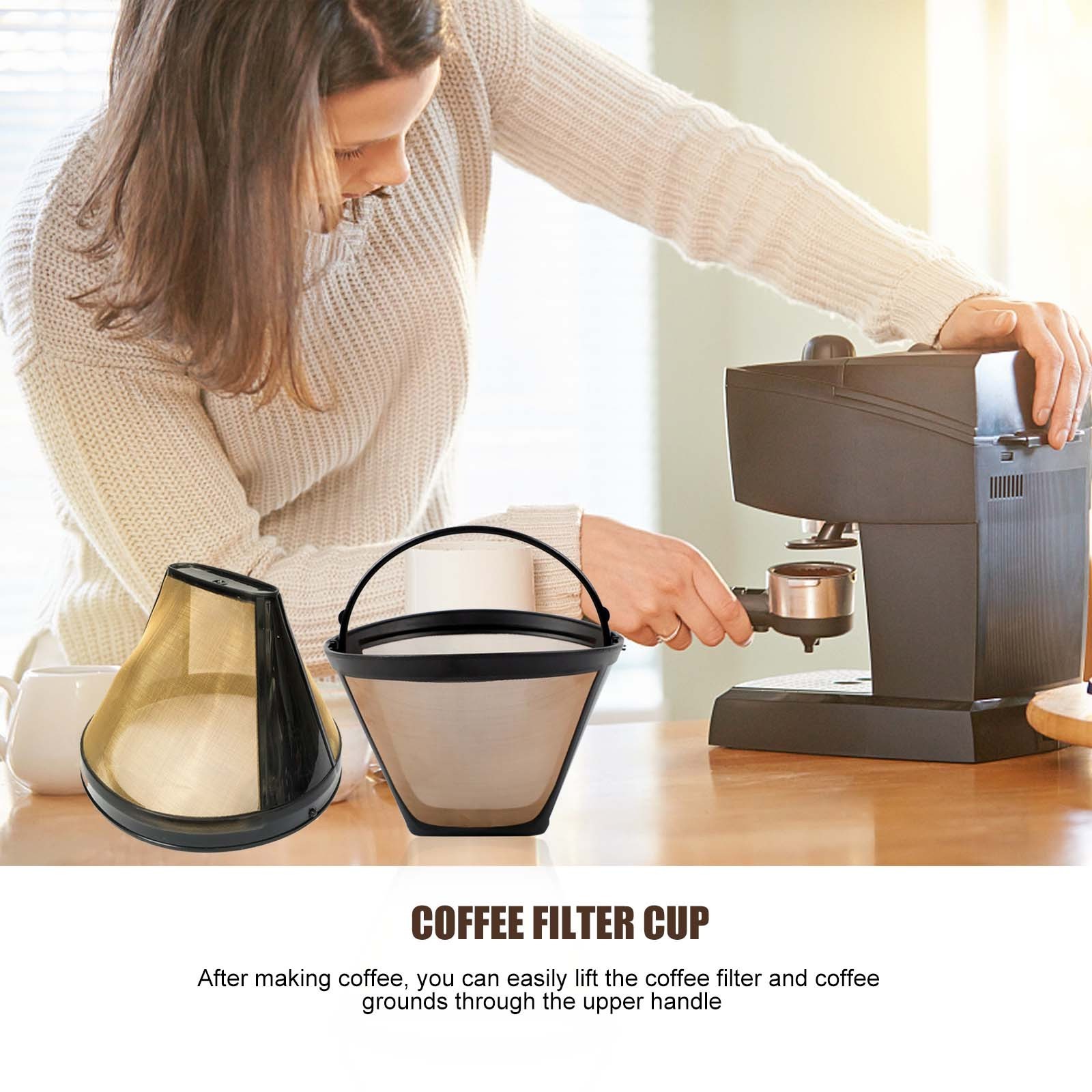 Reusable Cone Style Coffee Filter Basket Handle Stainless Steel Mesh Replacement Permanent for Machines Brewer Coffee Bar Maker