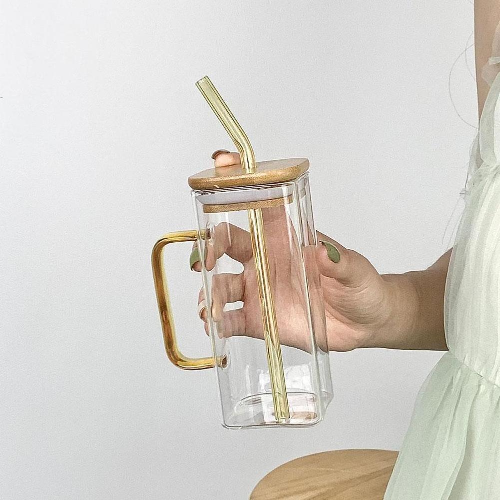 400ML Square Mug With Lids Straws Single Colored Handle Layer Drinking Glass Cups for Juice Iced Coffee Milk Bubble Tea Water