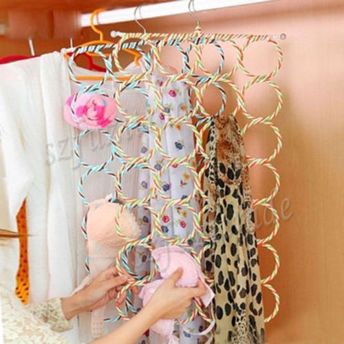 28 Hole Ring Rope Shawl Multi Display Scarf Belt Tie Slots Holder Clothes Storage Hanger Organizer Rack Foldable