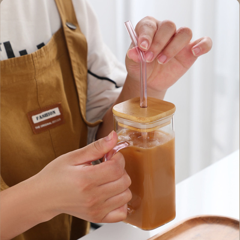 400ML Square Mug With Lids Straws Single Colored Handle Layer Drinking Glass Cups for Juice Iced Coffee Milk Bubble Tea Water