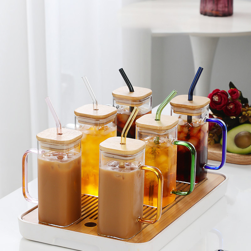 400ML Square Mug With Lids Straws Single Colored Handle Layer Drinking Glass Cups for Juice Iced Coffee Milk Bubble Tea Water