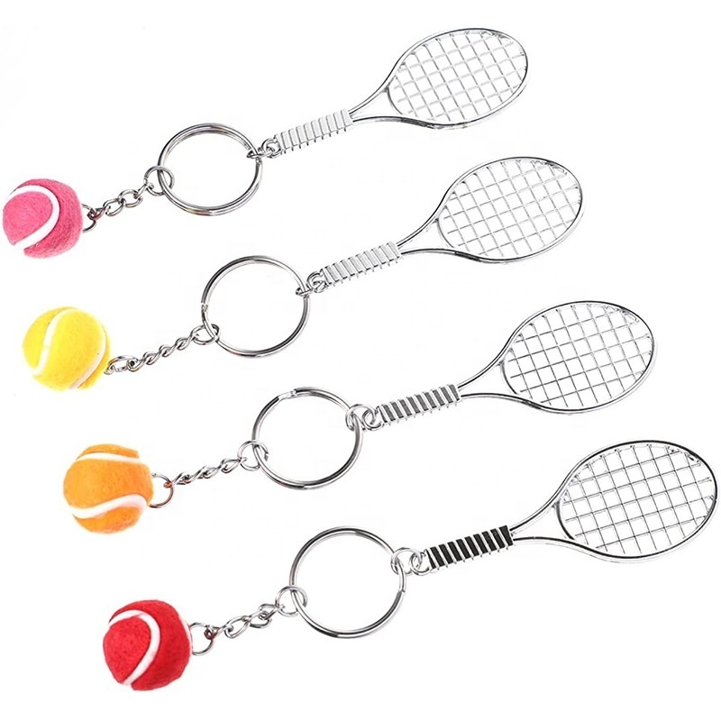 Trendy Bag Accessories Promotional Gift Metal Racket 3D Mini Tennis Ball Keychain For Key