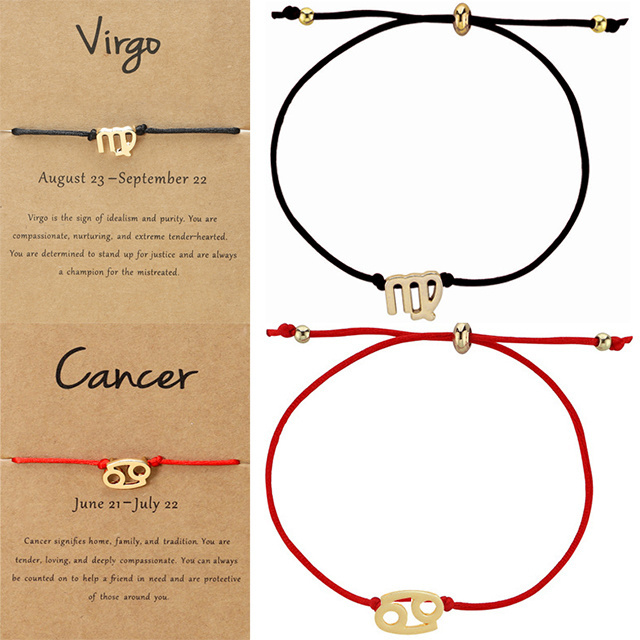 Fashion Handmade Braided Adjustable Red Black String Gold Silver Plated Charm Astrology 12 Zodiac Sign Bracelet For Women