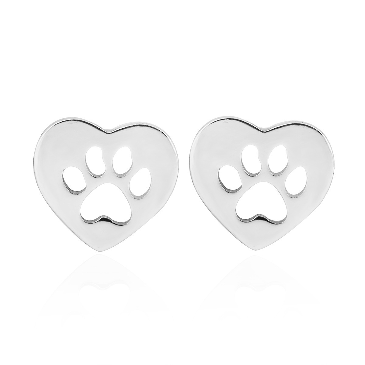 Fashion PVD Plated 18K Silver Stainless Steel Heart Shaped Dog Cat Paw Stud Earring Jewelry For Women