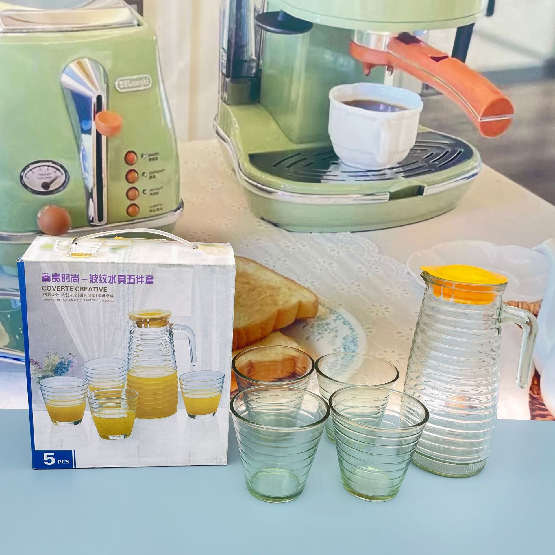 Wholesale price 5pcs glass water pitcher and cups set with stripes glassware glass jug set water juice dispenser beer mug