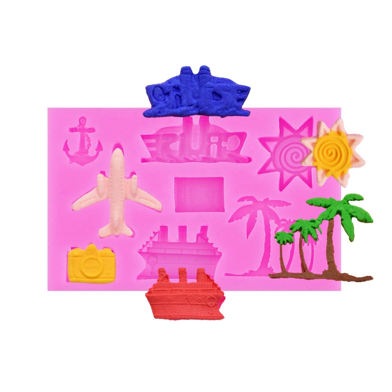 Rectangle 10pcs 3D beach airplane cruiser ship coconut tree camera sun anchor soap sandcastle shape diy silicone mold