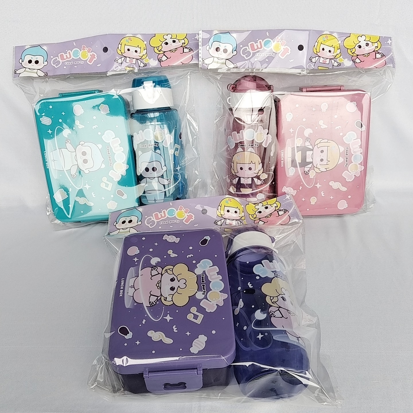 Plastic Kid School Lunch Box And Water Bottle Set With Cutlery Cute Children Wholesale