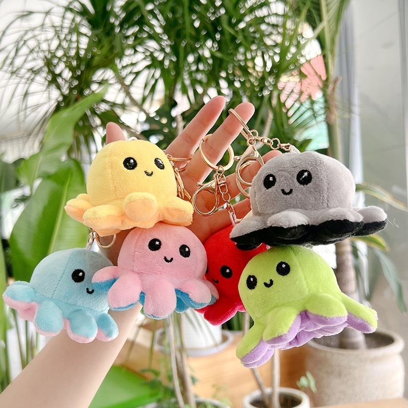 promotion 10cm flipped octopus plush keychains bag decoration key ring pendant reversed stuffed animal toys for gift