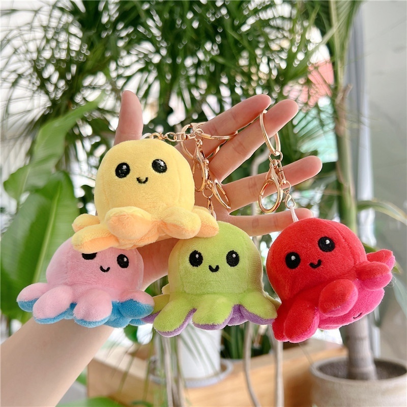 promotion 10cm flipped octopus plush keychains bag decoration key ring pendant reversed stuffed animal toys for gift