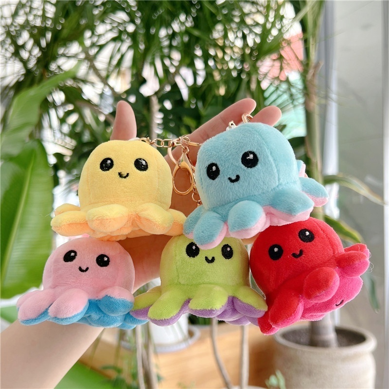 promotion 10cm flipped octopus plush keychains bag decoration key ring pendant reversed stuffed animal toys for gift