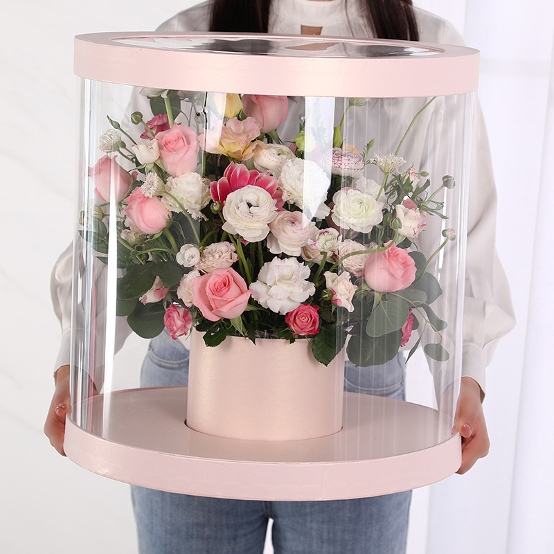 Giant round Korean flower box bucket holding flower arrangement paper box PVC transparent window gift flower box