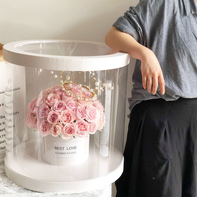 Giant round Korean flower box bucket holding flower arrangement paper box PVC transparent window gift flower box