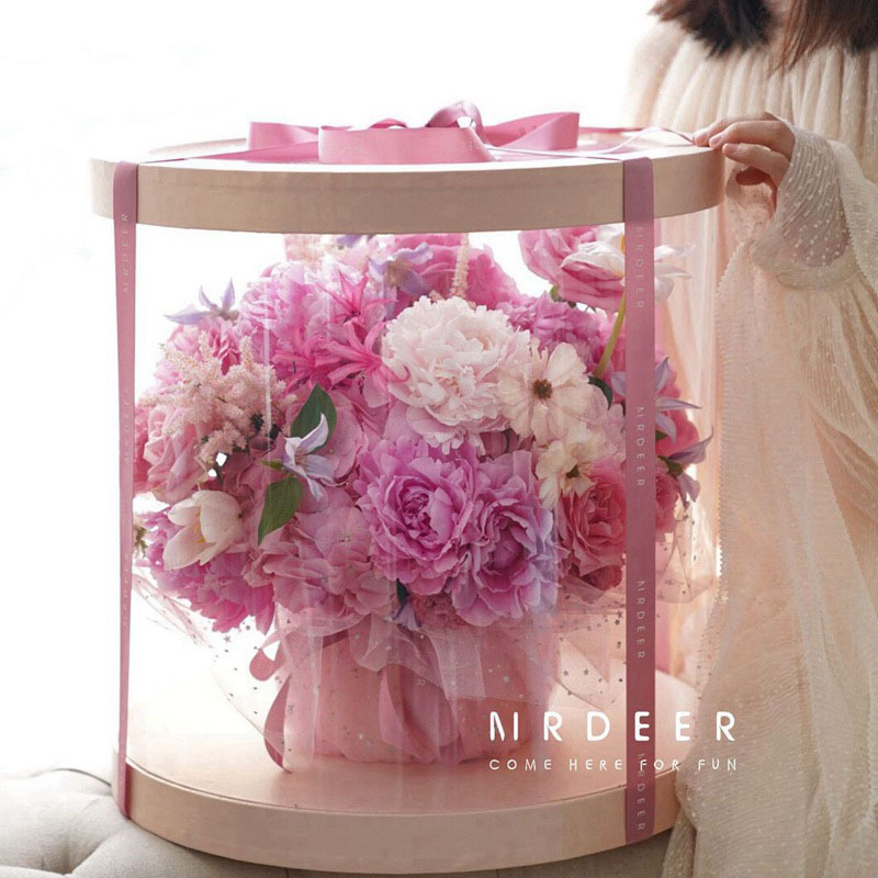 Giant round Korean flower box bucket holding flower arrangement paper box PVC transparent window gift flower box