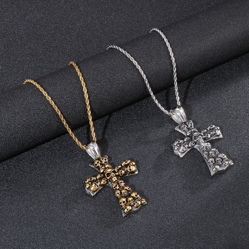 YASHI Halloween Cross Pendant Long chain necklace Cross Skull necklace Stainless steel cross pendant men's necklace