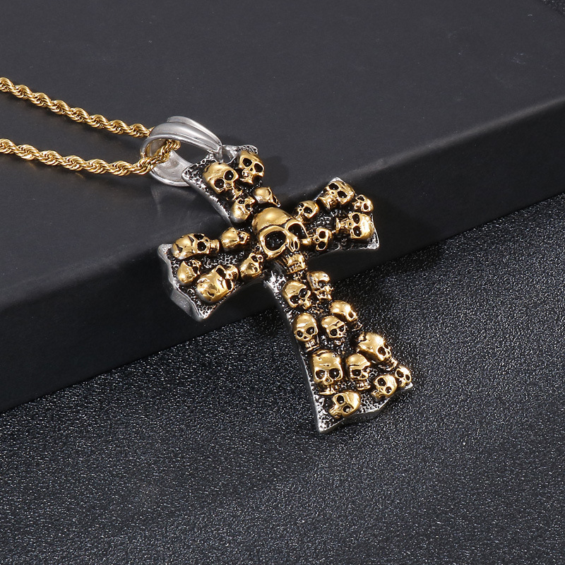 YASHI Halloween Cross Pendant Long chain necklace Cross Skull necklace Stainless steel cross pendant men's necklace