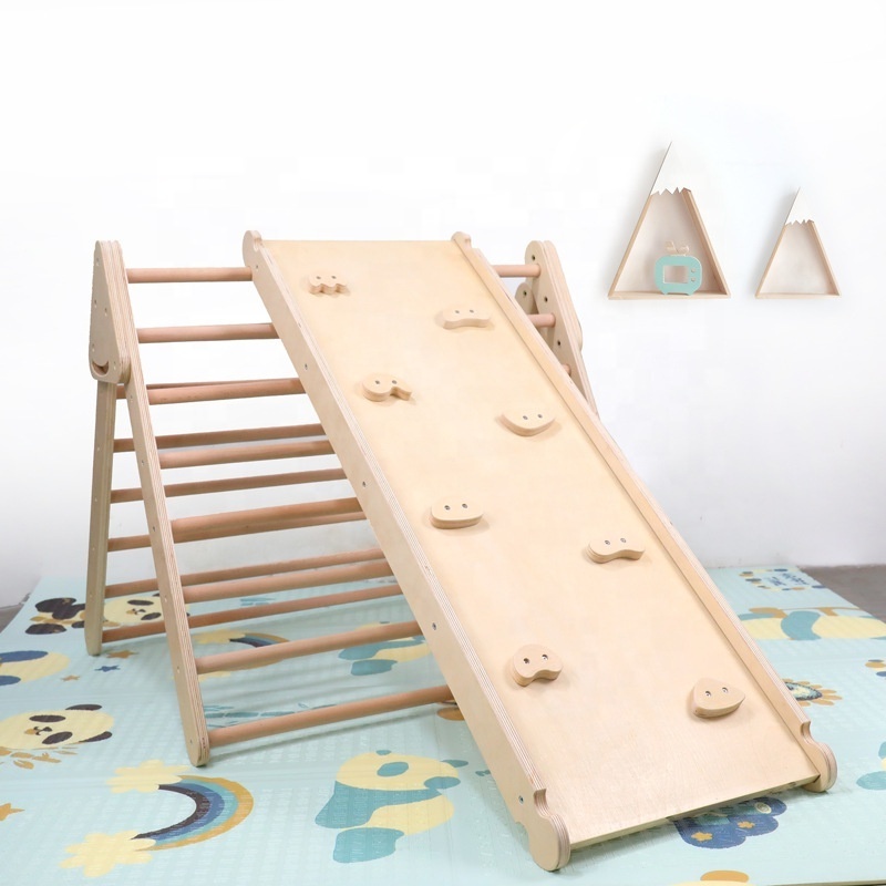 Wooden Climbing Triangle Ladder with Ramp Folds Flat for Easy Storage and Reversible Slide Attachment - Indoor Climbing Play