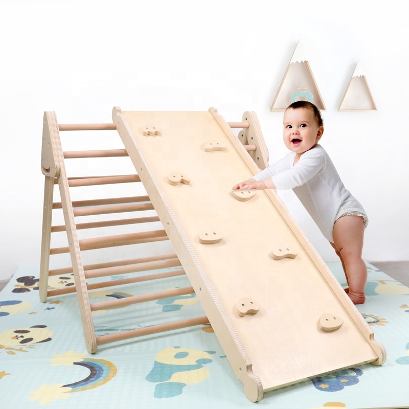 Wooden Climbing Triangle Ladder with Ramp Folds Flat for Easy Storage and Reversible Slide Attachment - Indoor Climbing Play