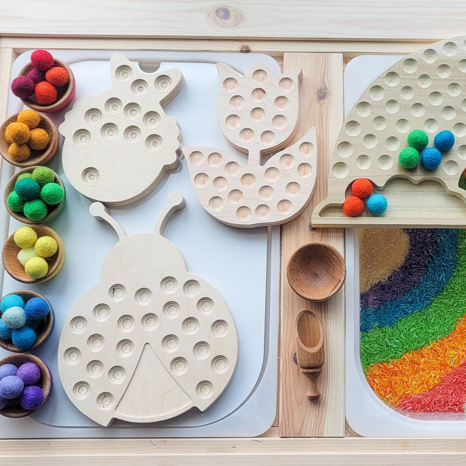 Customized wholesale Wooden Shape Sorter , Ladybug, Tulip, Fish, Montessori frame, ten frame Counting Board Math