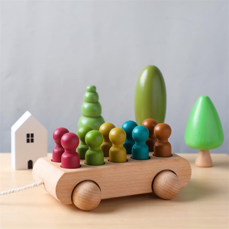 Personalized Montessori Wooden Toy Handcrafted Wooden Bus With People Pegs Educational and Fun Wood Car