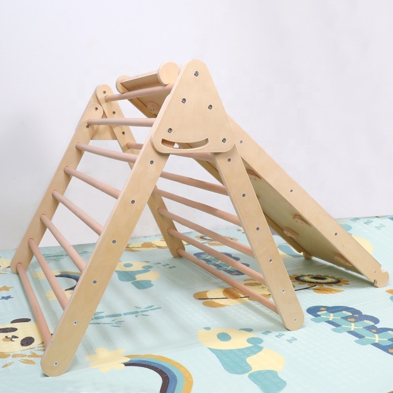 Wooden Climbing Triangle Ladder with Ramp Folds Flat for Easy Storage and Reversible Slide Attachment - Indoor Climbing Play