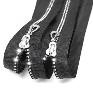 Factory High quality black color diamond zip double stone open end diamond zipper