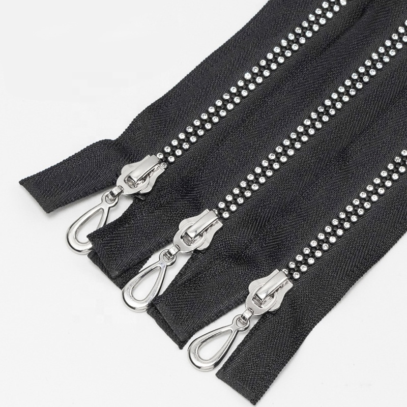 Factory High quality black color diamond zip double stone open end diamond zipper