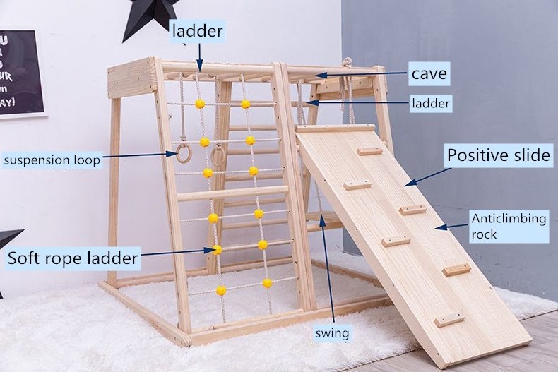 kids wood climbing frame indoor playground wood slide for kids indoor wooden baby slide and swing climb rope ladder