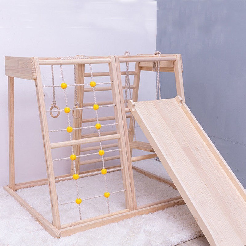 kids wood climbing frame indoor playground wood slide for kids indoor wooden baby slide and swing climb rope ladder