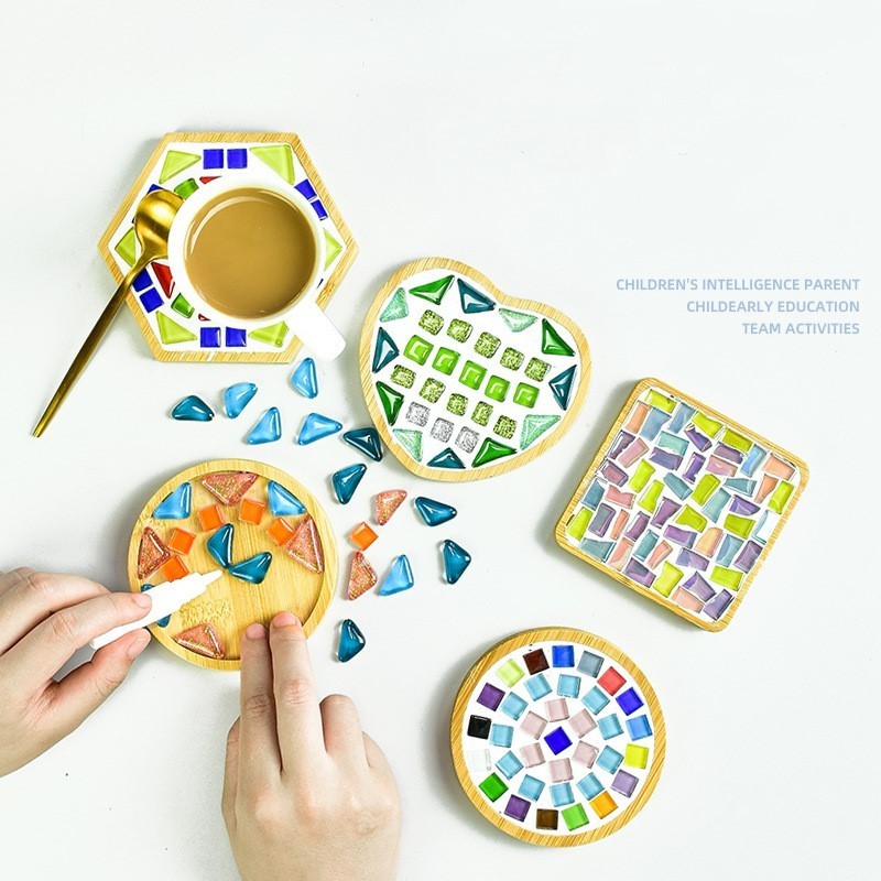 mixed color mosaic crafts materials package kits with wooden coaster DIY glass mosaic tiles for handmade home decor gifts