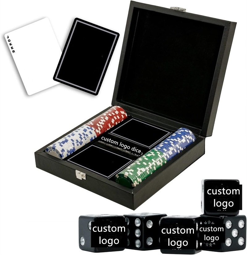 Customized Logo Poker Set with 100 Piece Poker Chips Casino Poker Chip Playing Cards Dice Set with Leather Case