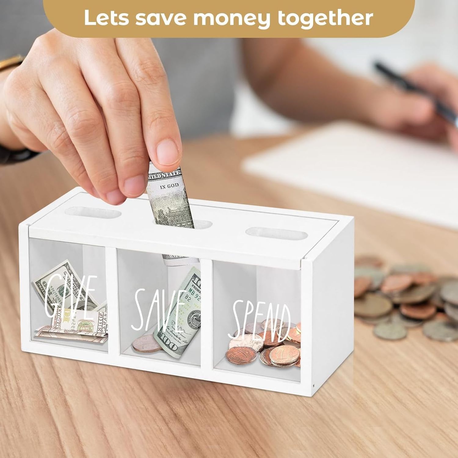 Bills Coins Wooden Money Saving Box Piggy Bank for Kids Adults Bedroom Living Room Laundry Room Countertop