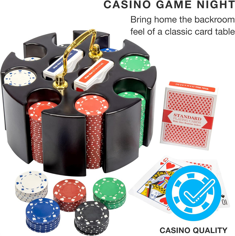 Customized Poker Chips Set with Wood Carousel Case for Casino Party Texas Poker Blackjack and Family Game Night