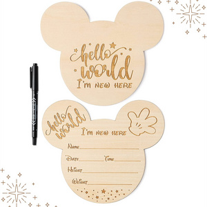 Custom Hello World Newborn Birth Personalized Name Baby Announcement Sign Engraved Wooden Cards