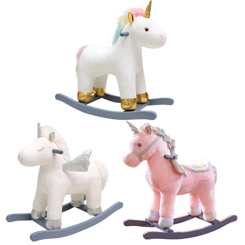 kids baby wooden unicorn rocking horse ride on pony toy animals