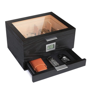 wood box spanish desktop travel wooden cigar accessories humidor black case cigar package storage box with drawer hygrometer