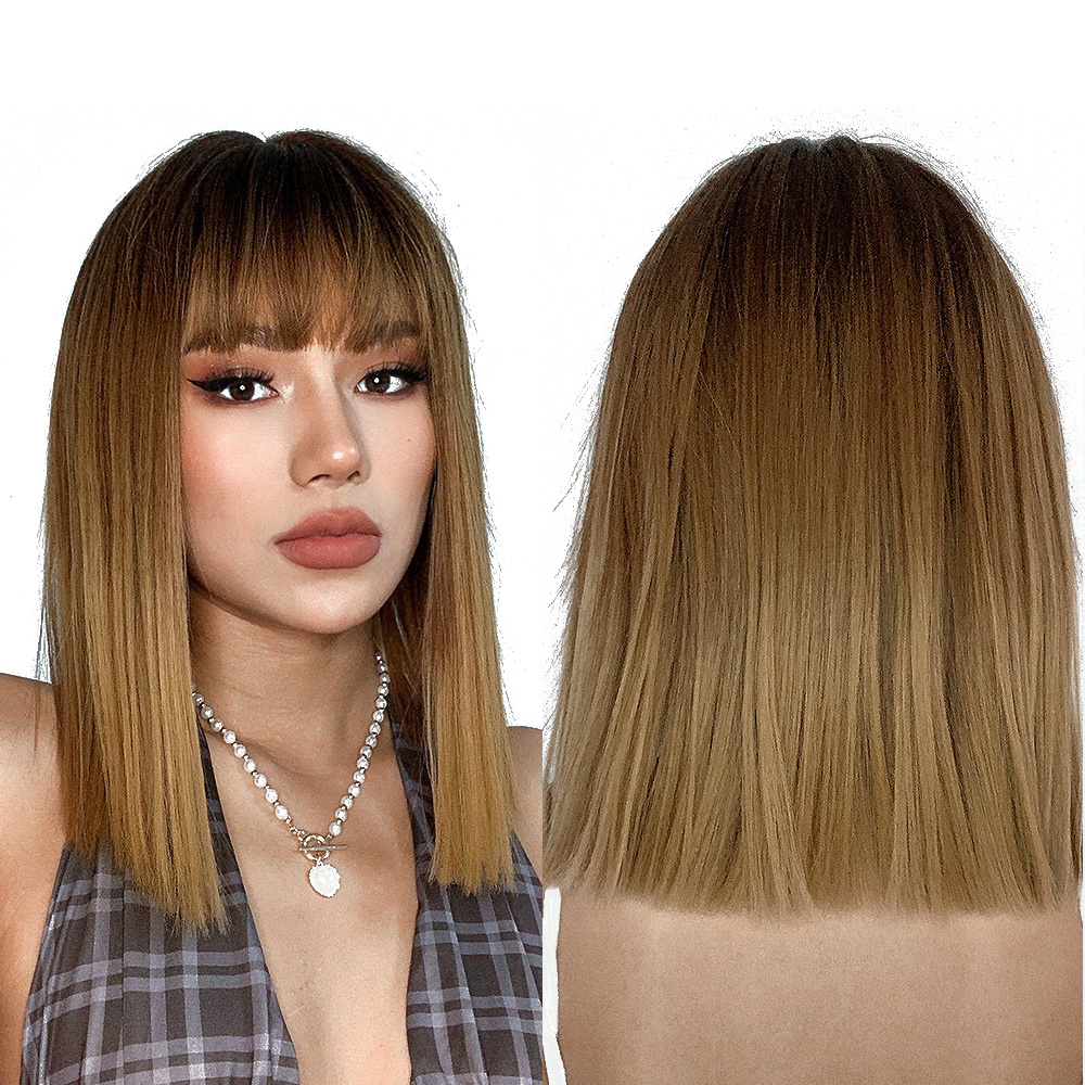 Short Straight Ombre Brown Golden Synthetic Wig Hair Lolita Bob Wigs with Bangs For Women Daily Heat Resistant