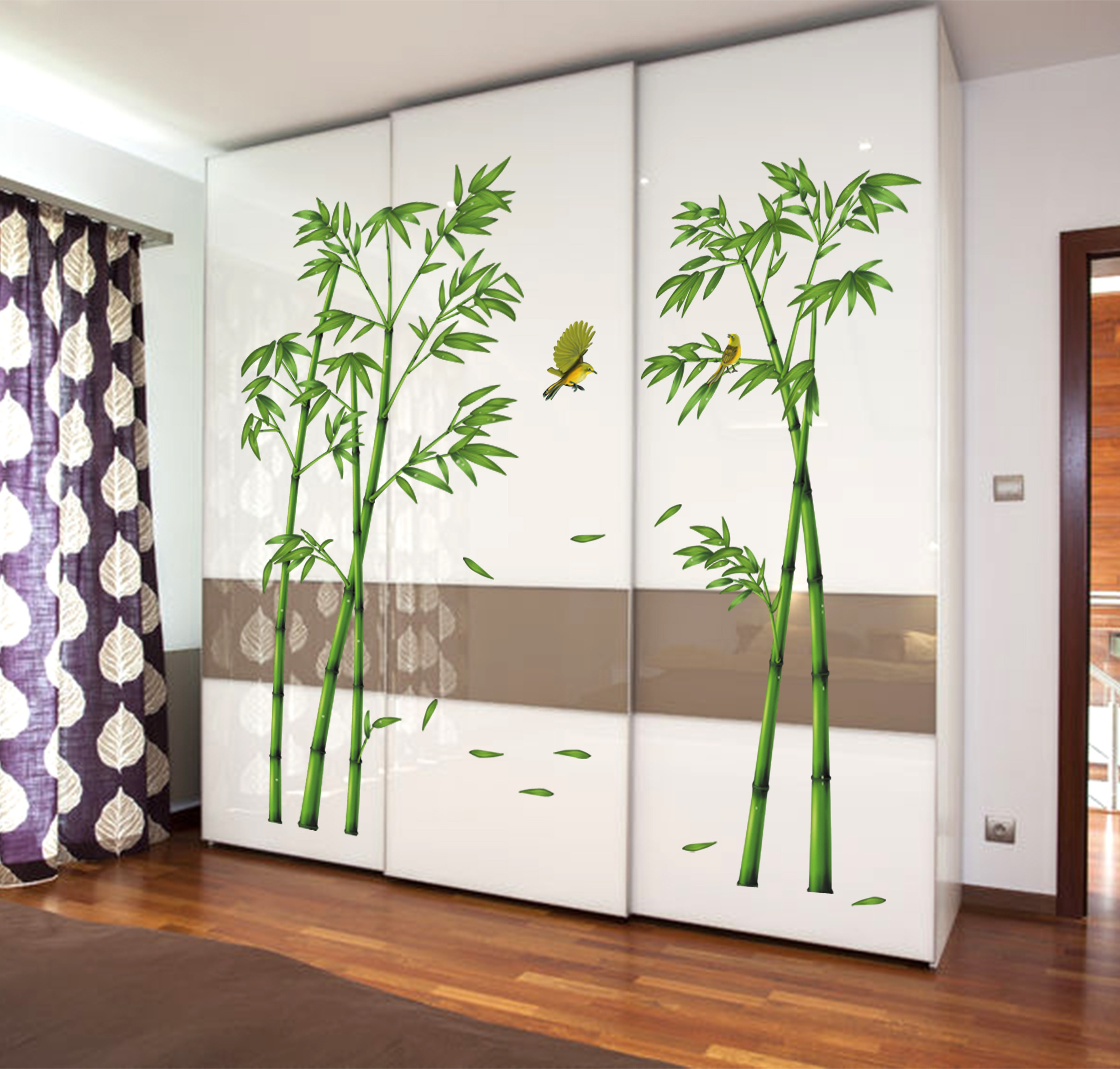 YIYAO Chinese Green Bamboo and Bird Wall Decals Removable Wall Stickers