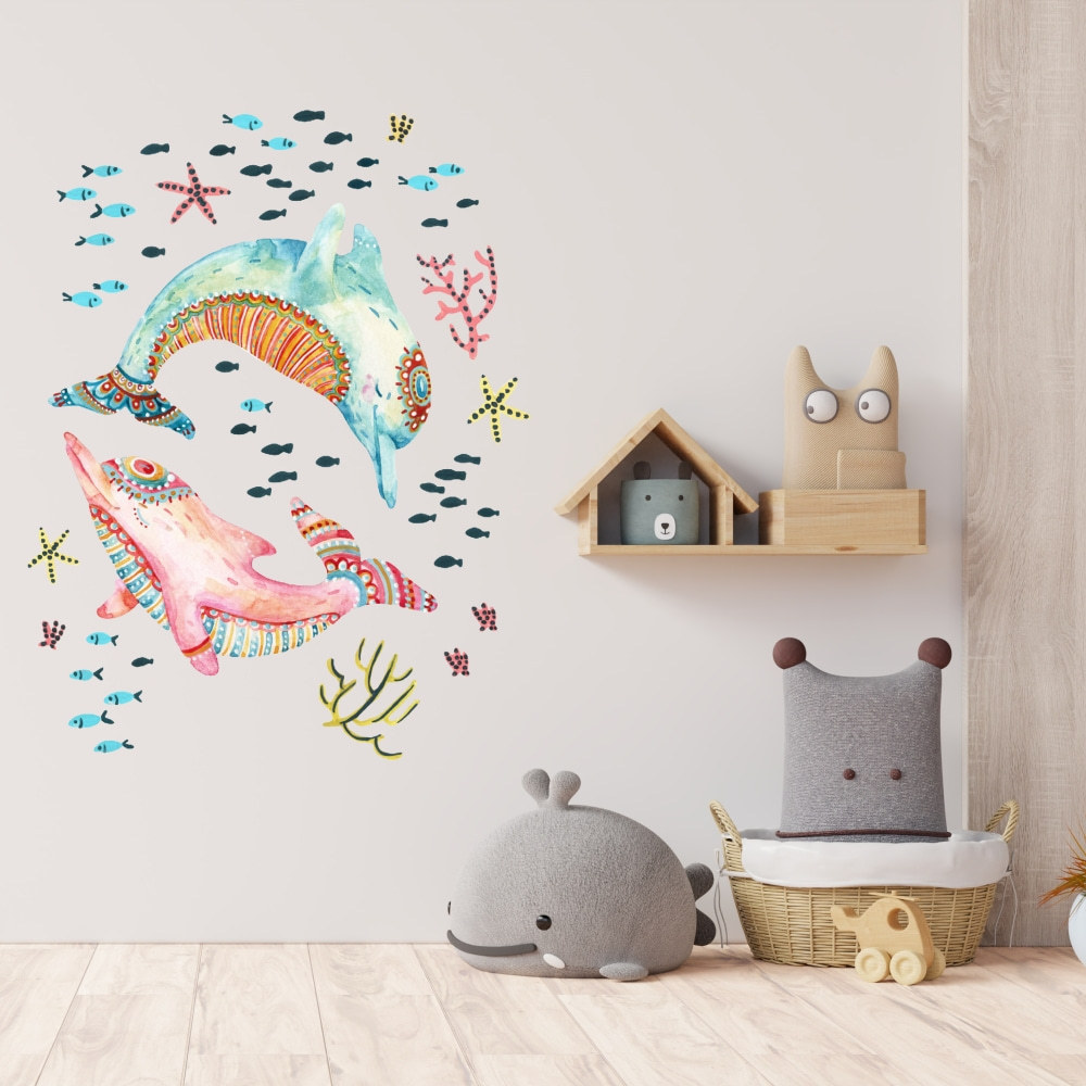 YiYao Creative Underwater Couple Dolphin Wall Decal Girl Heart Bedroom Beautification Decoration Waterproof Sticker