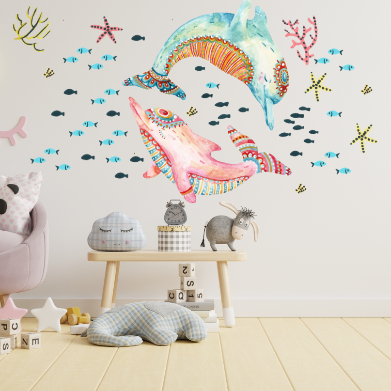 YiYao Creative Underwater Couple Dolphin Wall Decal Girl Heart Bedroom Beautification Decoration Waterproof Sticker