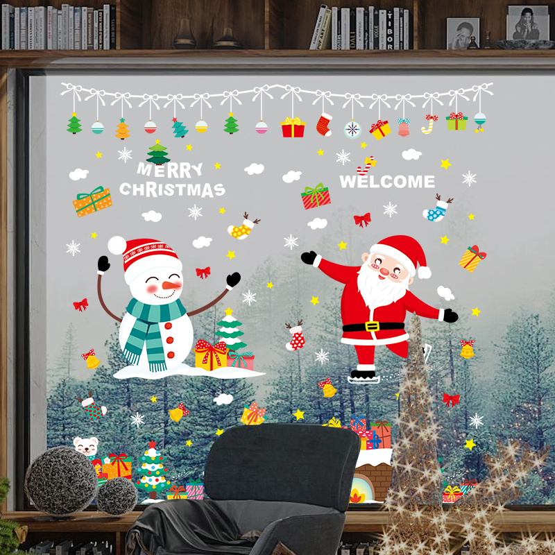 Double Side Printing Removable Merry Christmas Window Wall Stickers for Glass Door Showcase Decoration