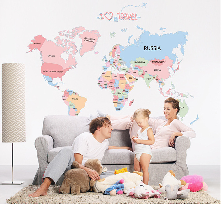 YIYAO Cartoon Background Colorful English Words World Map Wall Art Decals Stickers