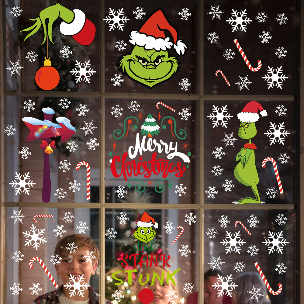 9 Sheets Cartoon Christmas Clings Reindeer Snowflakes Window Sticker Double-Side Glass Decal for Shop Window Display Decor