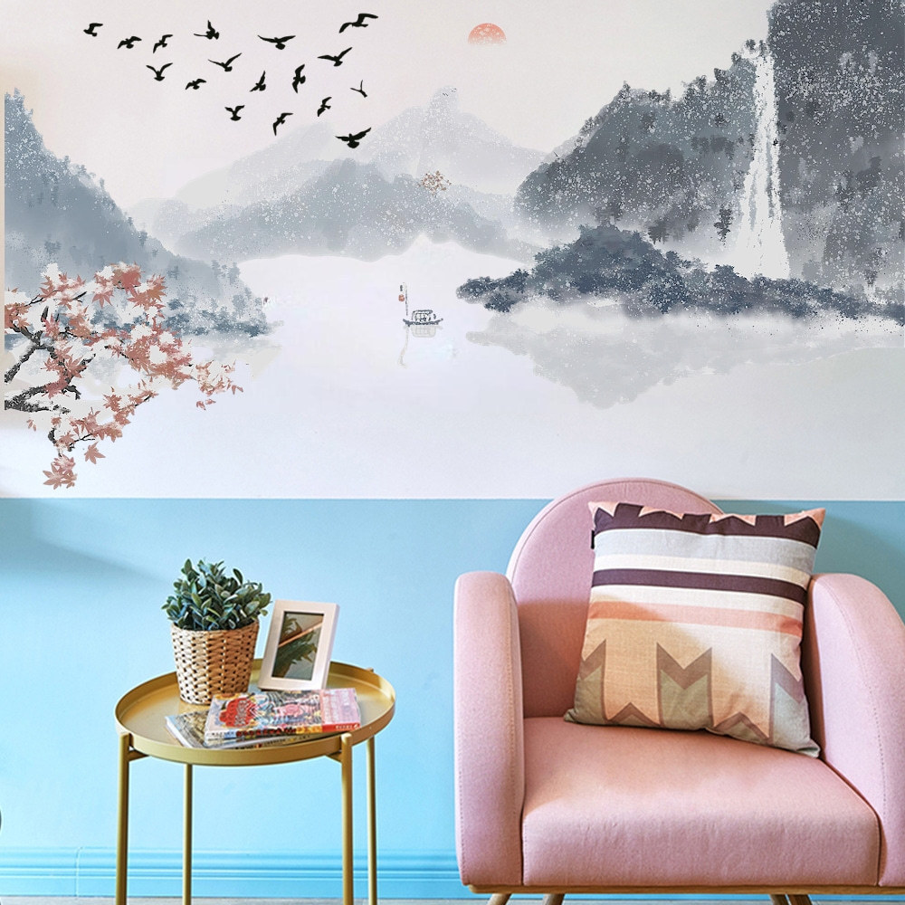 Yiyao Ink Painting Mountain Wall Decals Abstract Landscape Wall Stickers Chinese Style Splash Ink Watercolor Sunset Mountain