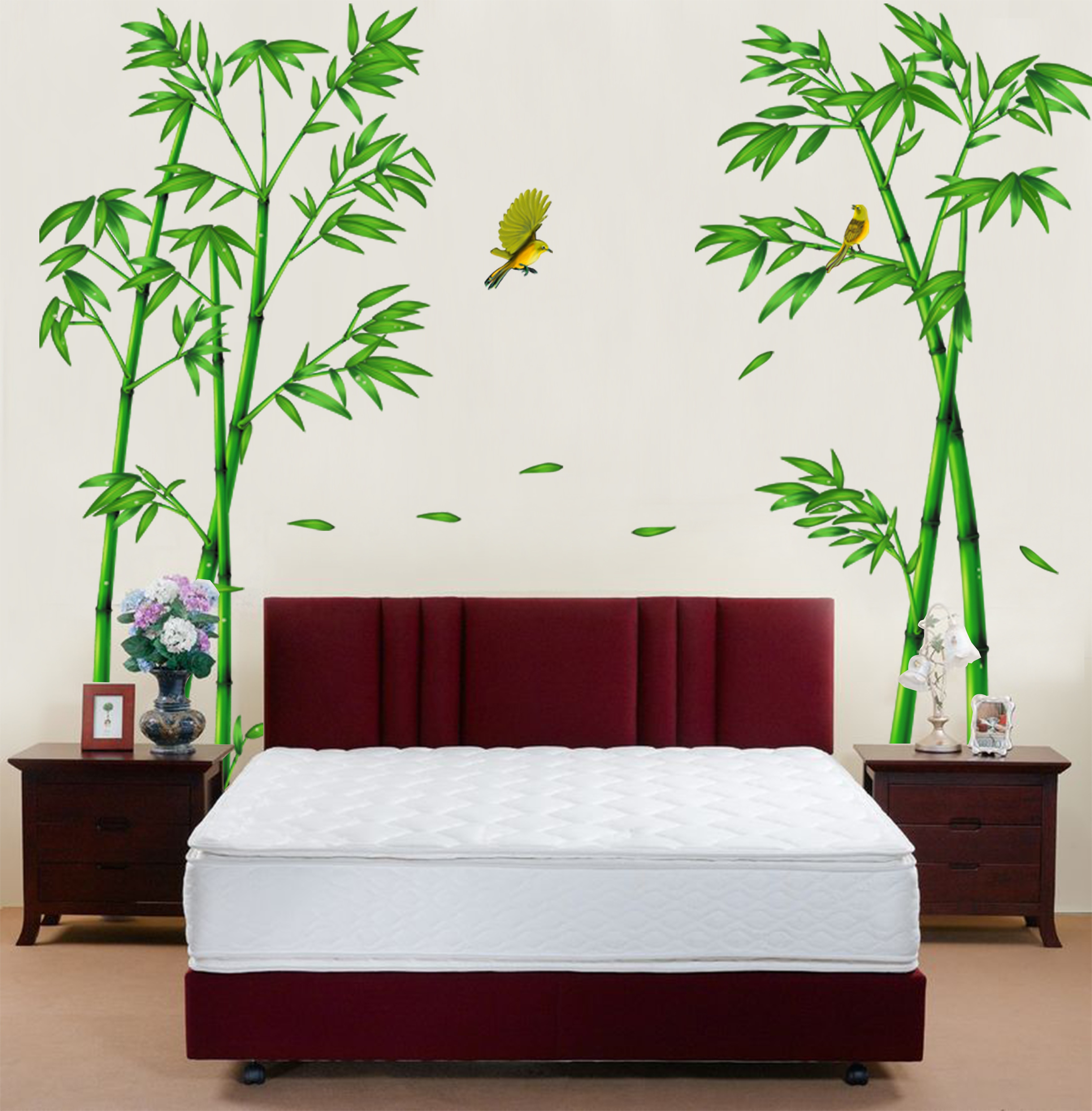 YIYAO Chinese Green Bamboo and Bird Wall Decals Removable Wall Stickers