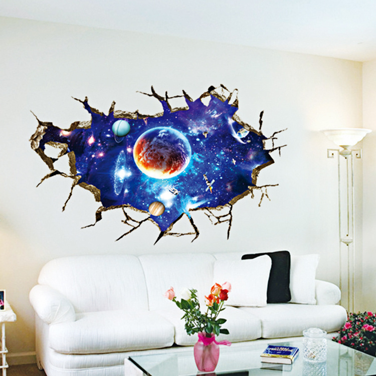 YIYAO 3d Cracked Wall Outer Space Stars Universe Planets Art Mural Vinyl Waterproof Wall Stickers