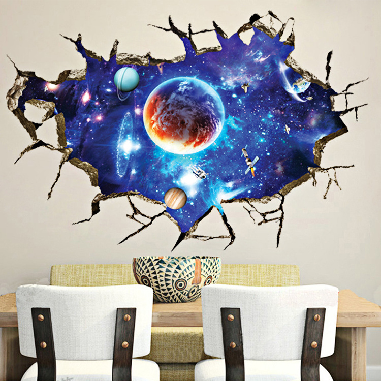 YIYAO 3d Cracked Wall Outer Space Stars Universe Planets Art Mural Vinyl Waterproof Wall Stickers