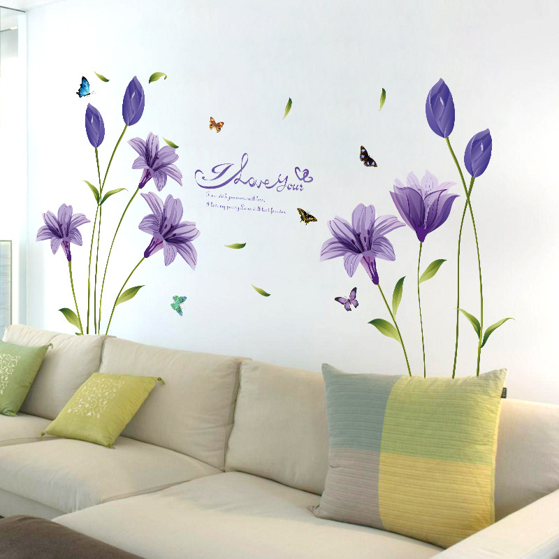 YIYAO Lovely Lily Flowers Wall Decals DIY Butterfly Vines Wall Stickers