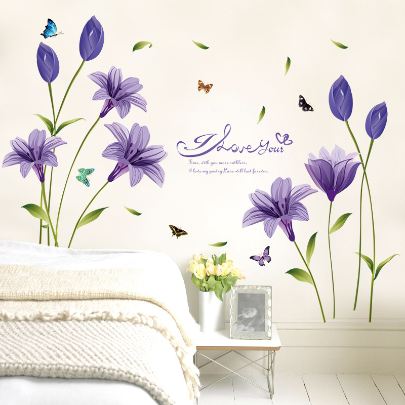 YIYAO Lovely Lily Flowers Wall Decals DIY Butterfly Vines Wall Stickers