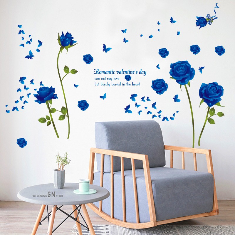 YIYAO Red And Blue Rose Flowers Leaves Removable Living Dinning Room Bedroom Kitchen Wall Sticker