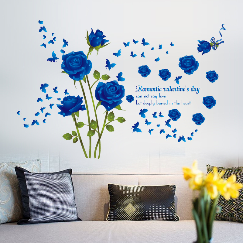 YIYAO Red And Blue Rose Flowers Leaves Removable Living Dinning Room Bedroom Kitchen Wall Sticker